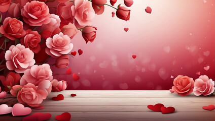 Romantic Red Heart Surrounded by Rose Petals on Soft Pink Valentine Background with Light Bokeh for Love and Wedding Themes.