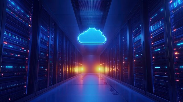 Neon-lit server room with cloud icon.