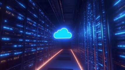 Glowing cloud icon in a futuristic server room with rows of data storage racks.