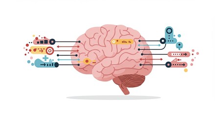Human brain illustration with data flow and abstract visual connections