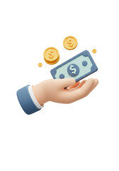 3d Rendering Hand Holding Dollar Bill and Coins Transparent