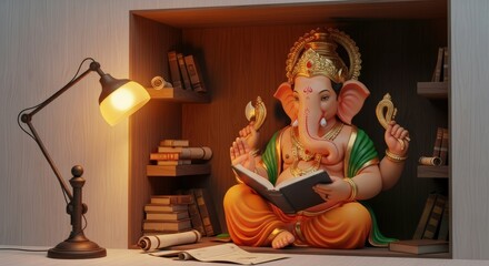 Lord Ganesha reads a book under a lamp in a library