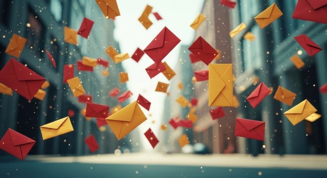 Flying envelopes in city street sky