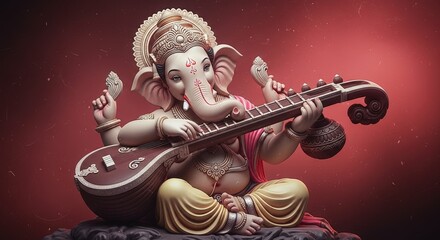 Ganesha plays the veena in a devotional pose