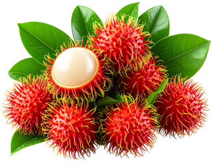  Fresh Bunch of Rambutans with Dewy Leaves, isolated on transparent background PNG