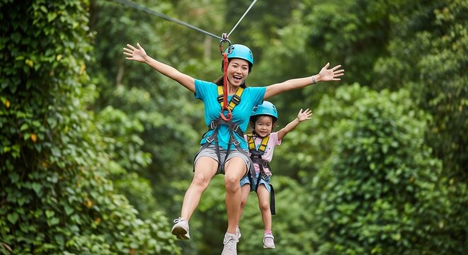 Mother and Daughter Enjoying Zip Lining Adventure in a Lush Forest Setting