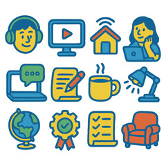 Collection of colorful icons depicting various aspects of remote work and learning.