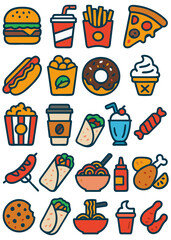 A colorful collection of fast food and snack icons.