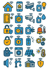A collection of smart home icons, including security, temperature, and appliance control, depicted in a simple, colorful style.