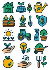 Vibrant icons depicting sustainable farming practices, including solar energy, crop growth, and harvesting tools.