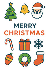 Festive illustration featuring Christmas symbols, including Santa, tree, and gifts.
