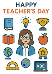 Teacher's Day greeting card with school-related icons, including books, lightbulb, trophy, apple, globe, and a teacher illustration.