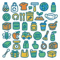 Collection of colorful, outlined icons representing zero-waste lifestyle choices and sustainable practices.