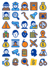 Colorful cartoon icons depicting crime, law enforcement, and security.