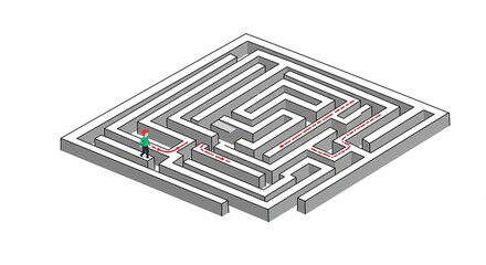 Man navigating a complex square maze with a red path solution illustration