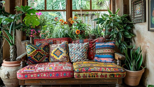 selective focus modern boho interior with vibrant patterns