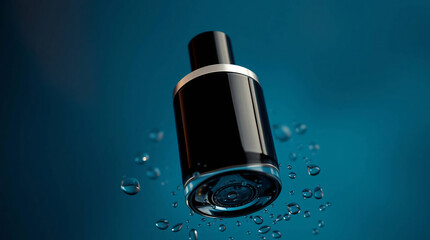 Close-up of a luxury men's perfume bottle deep navy blue glass mockup