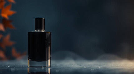Close-up of a luxury men's perfume bottle deep navy blue glass mockup
