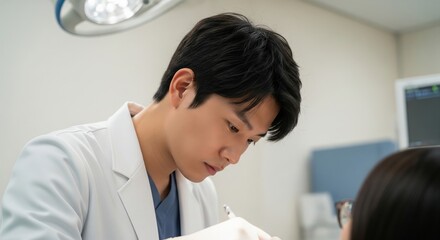 Focused Doctor in White Coat Examines Patient in Medical Office