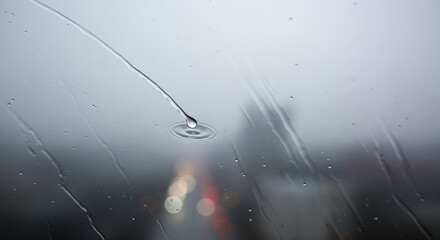 Raindrop Creates Ripples on Windshield with City Lights in Background