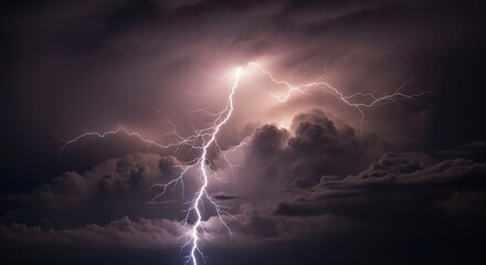 Powerful Lightning Strike Illuminates Dark Moody Storm Clouds