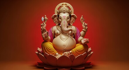 Lord Ganesha seated in lotus pose on a red background