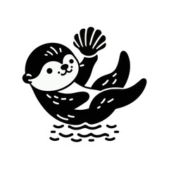 Fototapeta premium A baby otter floating on its back, balancing a seashell