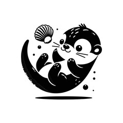 A baby otter floating on its back, balancing a seashell