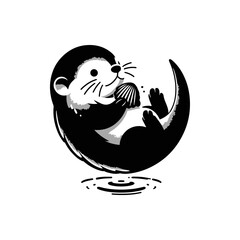 A baby otter floating on its back, balancing a seashell