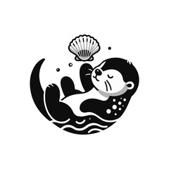 A baby otter floating on its back, balancing a seashell