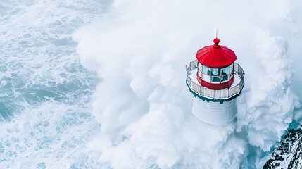 Dramatic coastal scene featuring a lighthouse battling against powerful waves