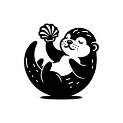 A baby otter floating on its back, balancing a seashell
