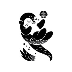A baby otter floating on its back, balancing a seashell