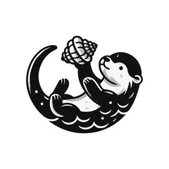 A baby otter floating on its back, balancing a seashell