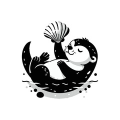 A baby otter floating on its back, balancing a seashell
