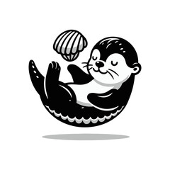 A baby otter floating on its back, balancing a seashell
