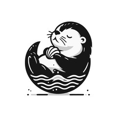 A baby otter floating on its back, balancing a seashell
