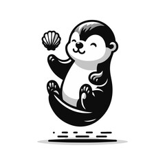 A baby otter floating on its back, balancing a seashell