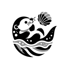 A baby otter floating on its back, balancing a seashell