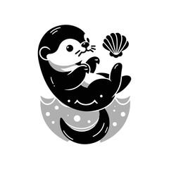 A baby otter floating on its back, balancing a seashell