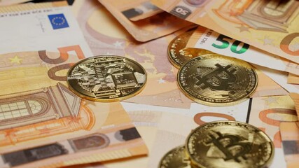 Money, Bitcoin coins on top of euro bills, showcasing cryptocurrency and cash mix - Powered by Adobe