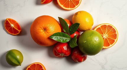 Overhead shot of a vibrant arrangement of assorted fresh citrus fruits on white marble