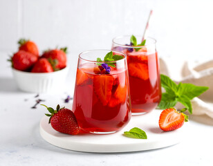 Refreshing strawberries and hibiscus summer tea drinks