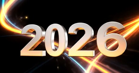 Rotating 2026 text with dynamic comet trails and light flashes - Powered by Adobe