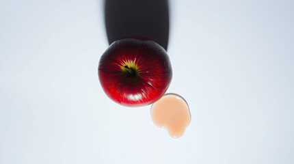 Overhead shot of a vibrant red apple with juice puddle on a white background