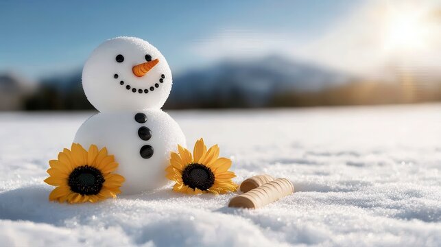 Cheerful Snowman with Sunflower in Winter Field Close Up Sunny Day Holiday Season. A jolly snow figure a bright yellow bloom a sunlit winter landscape a festive season image a close up