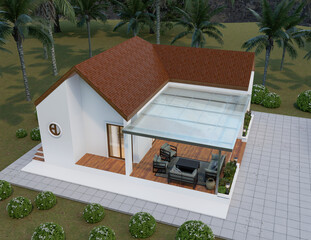 Modern Single-Story House with Terrace and Tropical Landscape
