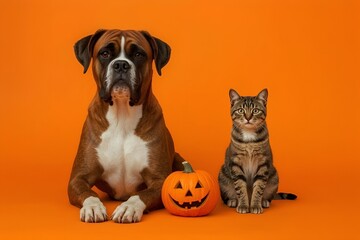 Boxer Dog and Tabby Cat with Jack-o'-Lantern on Orange Background – Halloween Pet Portrait