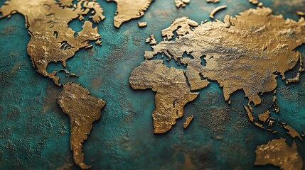 Embossed gold world map on teal textured background.