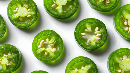 Close-up of fresh green jalapeño pepper slices with visible seeds and texture, arranged on white background, ideal for spicy food or cooking ingredient concepts.